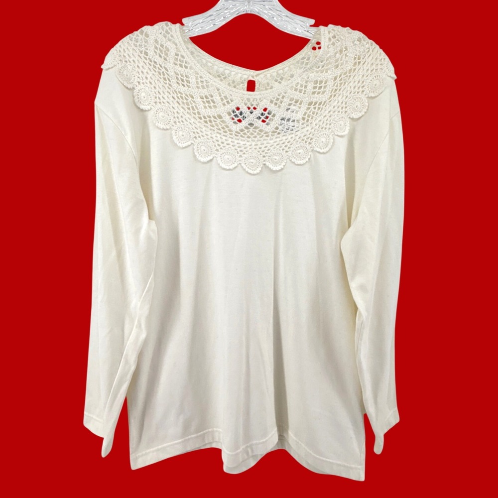 White Stag Ivory Long Sleeve Top Crochet Lace Collar Vintage Style Women Large